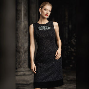 Moschino Vintage 90s Textured Black Sheath Dress Velvet Trim‎ Size 8 Deadstock